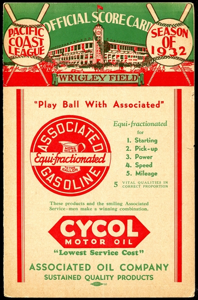1932 Wrigley Fields Los Angeles Score Card N Y Giants vs. Cubs