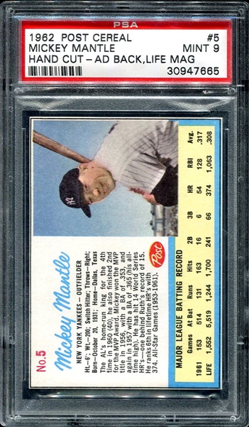 1962 Post Cereal #5 Mickey Mantle Ad Back PSA 9