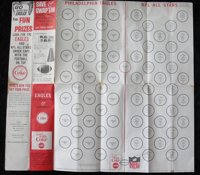 1965 Coke Bottle Caps Saver Sheet Eagles/ NFL All-Stars