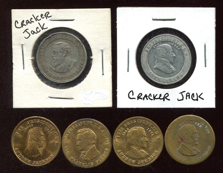2 Cracker Jack & 4 Scovill Presidents Tokens
