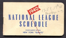 1940 National League Schedule Compliments of the N Y Giants