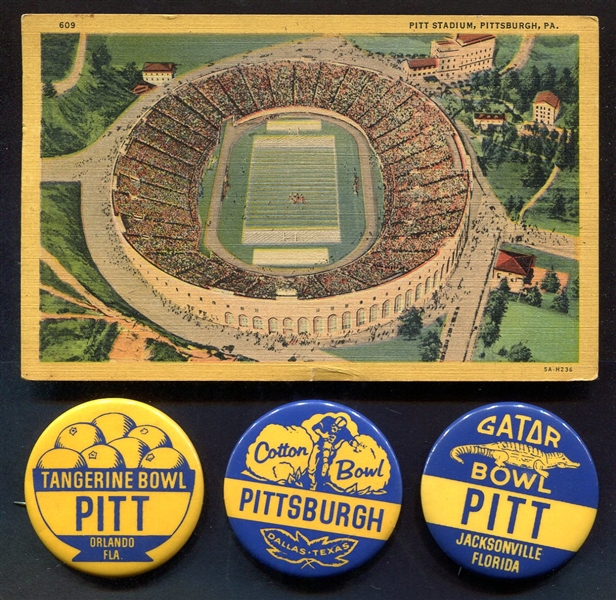 Pitt Stadium Postcard & 3 Bowl Game Pins
