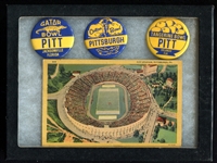 Pitt Stadium Postcard & 3 Bowl Game Pins