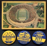 Pitt Stadium Postcard & 3 Bowl Game Pins
