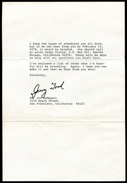 Gerald Ford Invitation to Joe DiMaggio