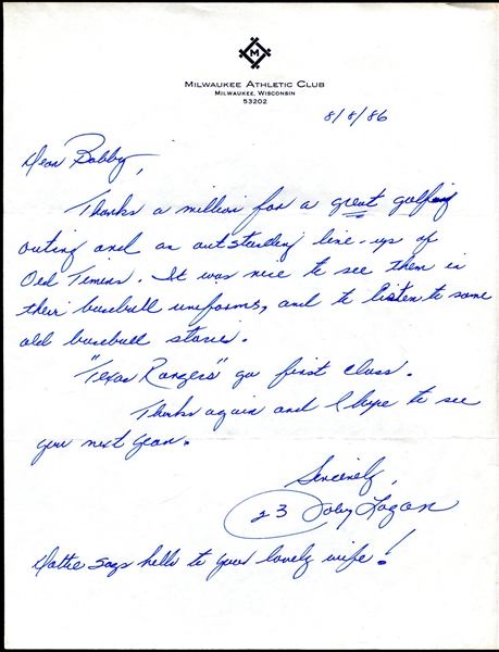 Johnny Logan Signed Milwaukee Athletic Club Letterhead
