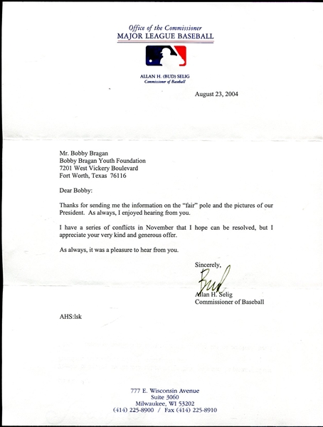 Bud Selig Signed MLB Letterhead