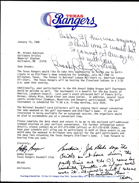 Brooks Robinson & Bobby Bragan Signed Texas Rangers Letterhead