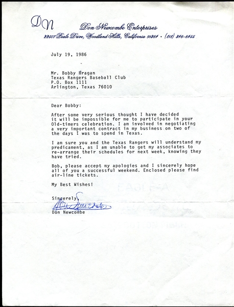 Don Newcombe Signed Business Letterhead