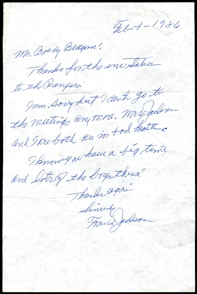 Travis Jackson Signed Note to Bobby Bragan