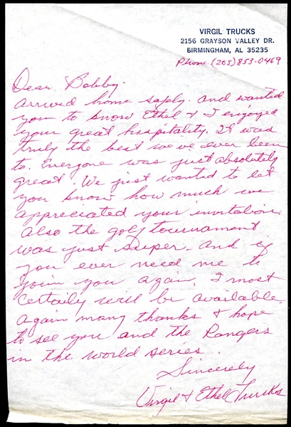 Virgil Trucks Signed Note