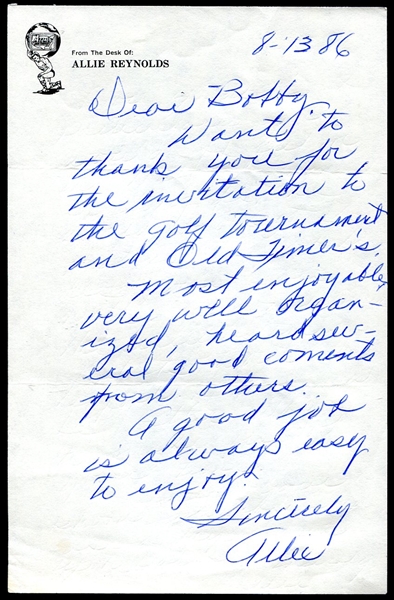 Allie Reynolds Signed Note