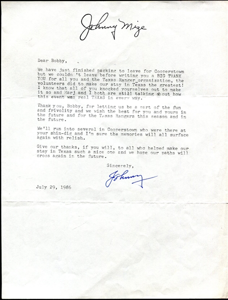 Johnny Mize Signed Letterhead