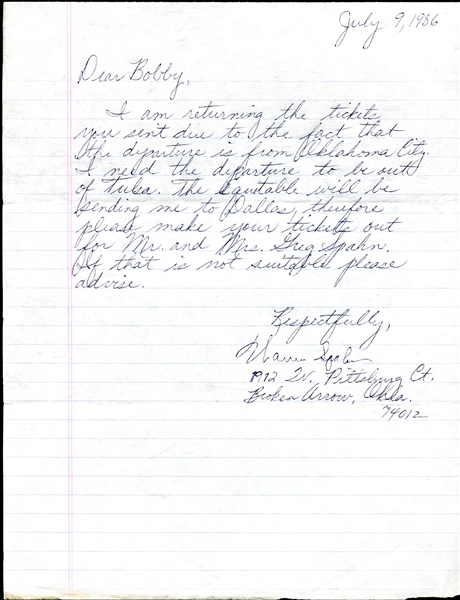 Warren Spahn Signed Letter