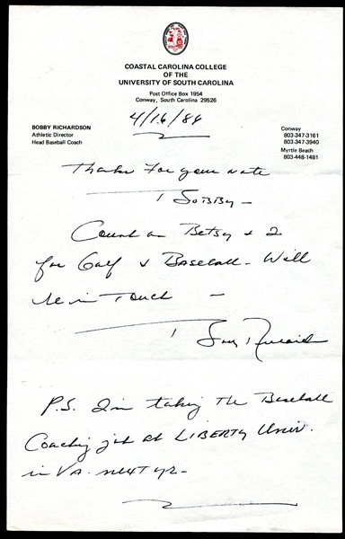 Bobby Richardson Signed Note