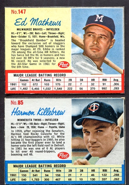 1962 Post Cereal #85 Killebrew & #147 Mathews