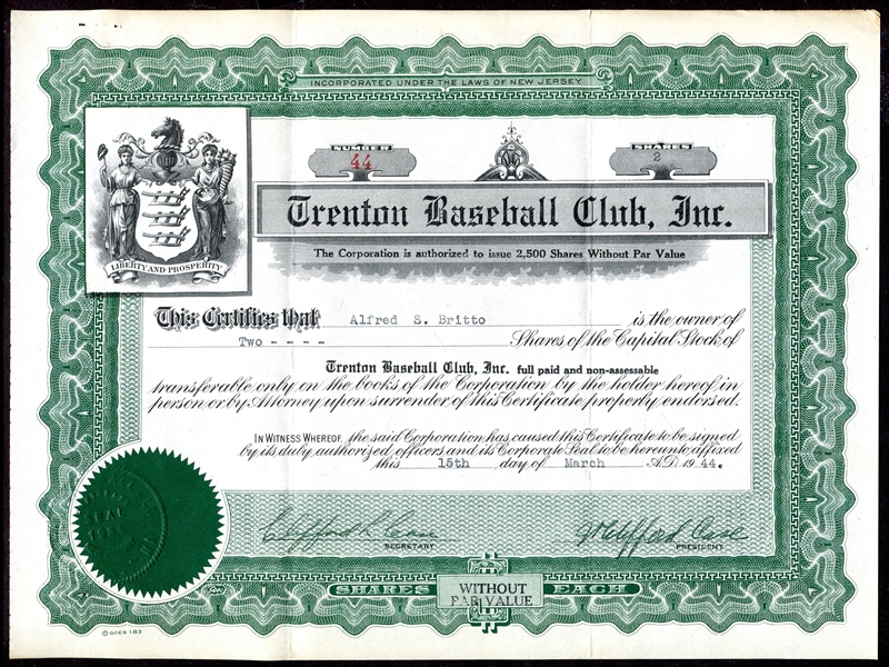 1944 Trenton Baseball Club Stock Certificate