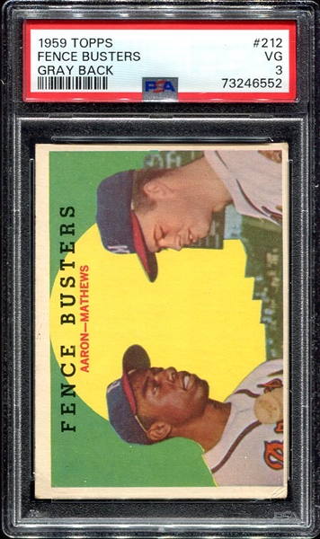 1959 Topps #212 Fence Busters Aaron/Mathews Gray Back PSA 3