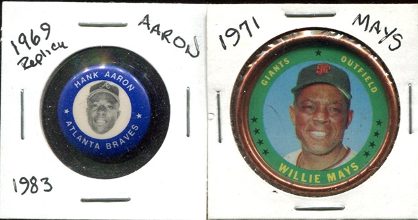 1971 Topps Willie Mays Coin & 1983/1969 MLB Aaron Pin