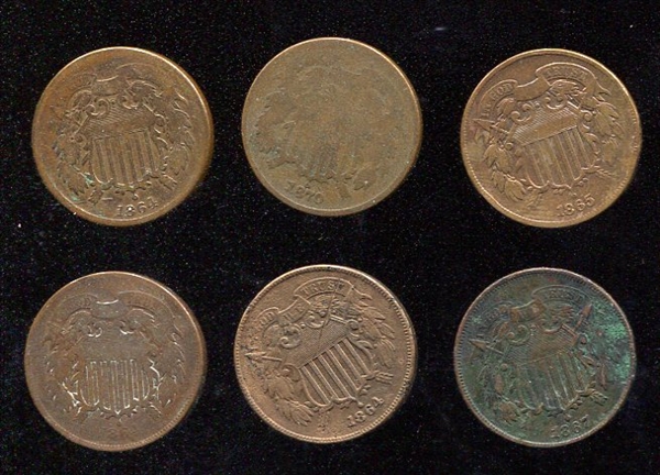 1860s-70s 2 Cent Pieces Lot of 6