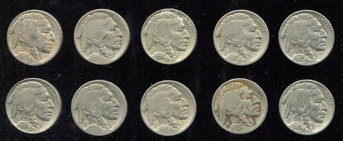 1913-1937 Buffalo Nickels Lot of 10 w/Better Dates