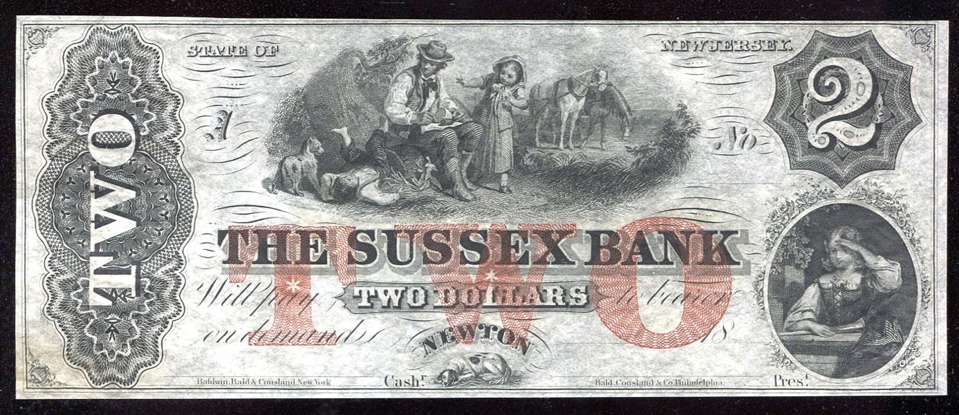 1800s Uncirculated $2 Sussex Bank Note High Grade