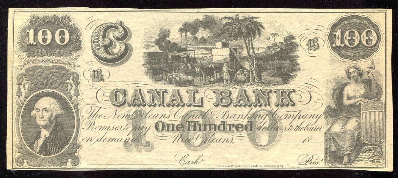 1800s Canal Bank $100 Note Uncirculated