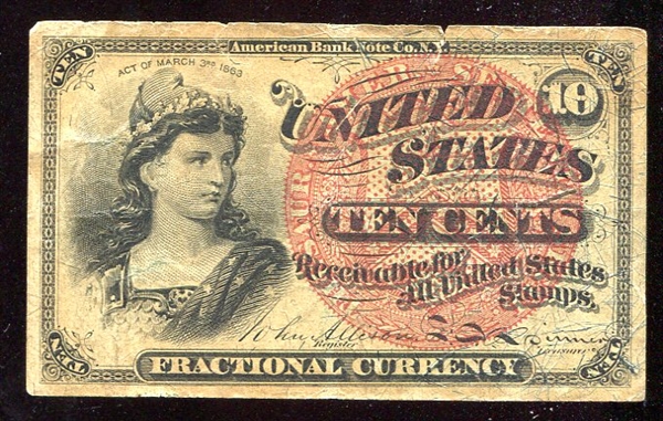 10 Cent Fractional Currency Note 4th Issue Lady Liberty