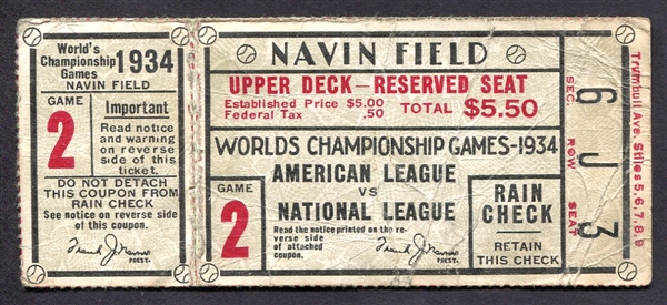 1934 Game 2 World Series Ticket