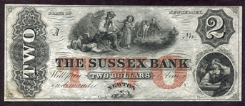 1800s Sussex Bank $2 Bill
