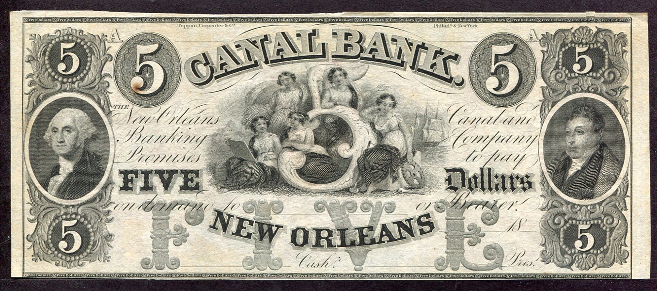 1800s Canal Bank of New Orleans $5 Bill