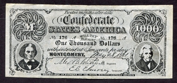1962 A & BC Civil Wars Currency $1000 Nrmt