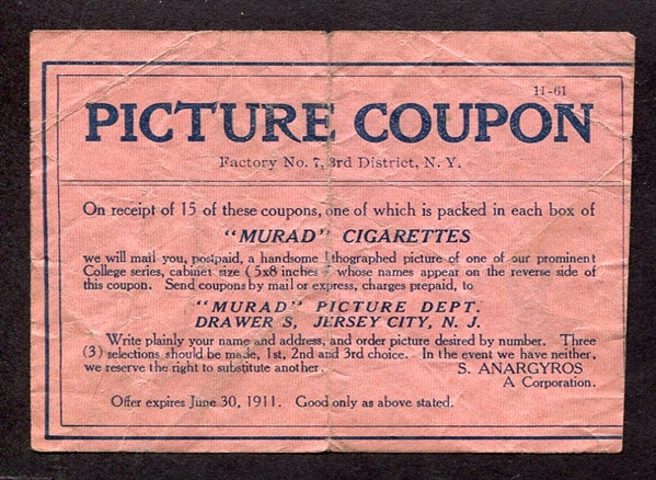1910-11 T51 Murad First Series Coupon