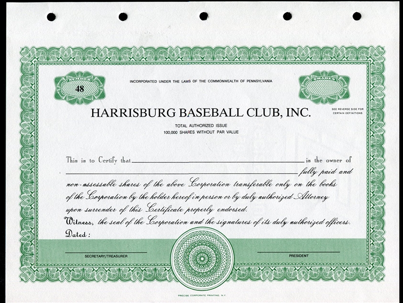Harrisburg Baseball Club Stock Certificate
