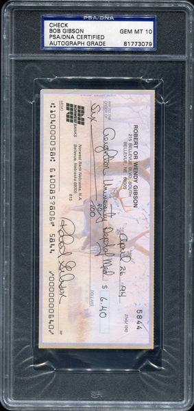 Bob Gibson Signed Check PSA/DNA Gem Mint 10