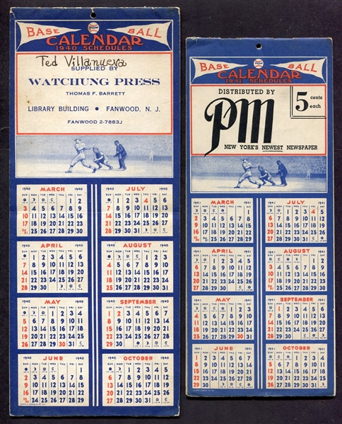1940 National League Baseball Schedule Calendars