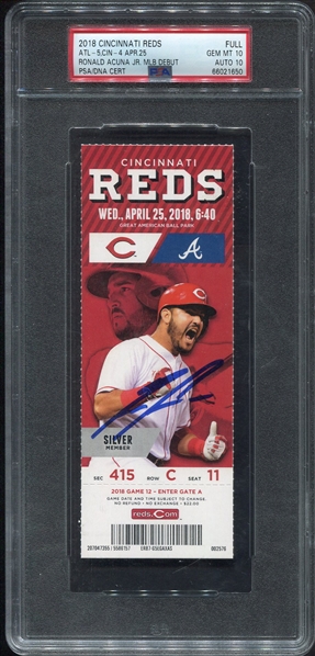 2018 Cincinnati Reds Full Ticket Signed Ronald Acuna Debut PSA 10